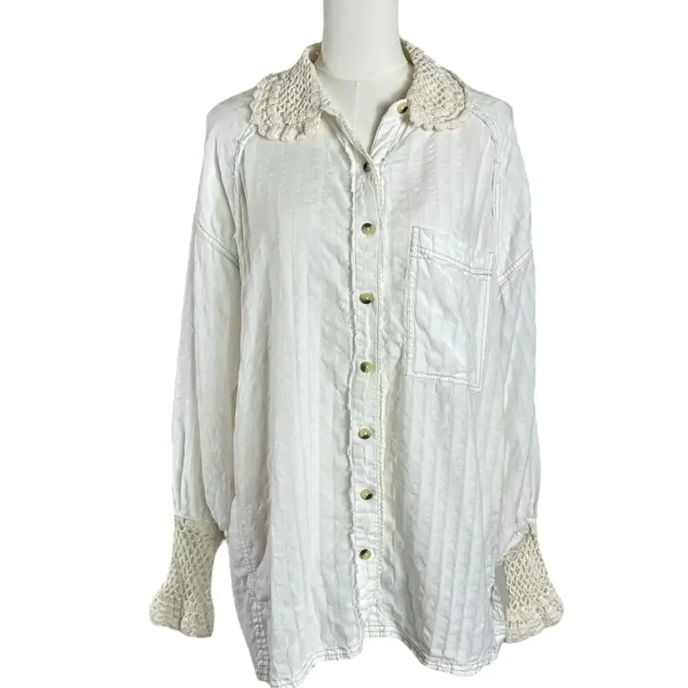Free People Ethereal Dainty Cottage Rhiannon Crochet Shirt Ivory Size Large